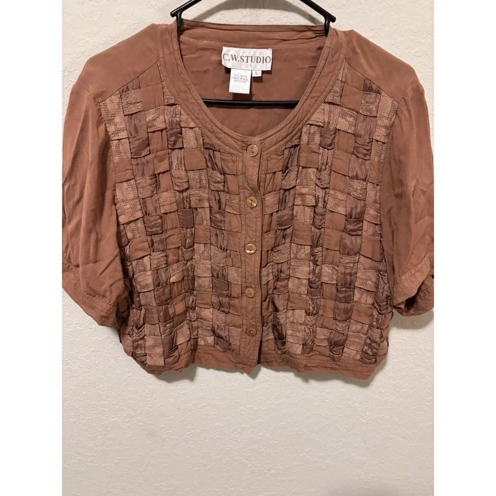 Whimsigoth Boho Smocked Crop Top Rust Brown Basketweave Shirt Y2K Style Women L - Picture 11 of 14